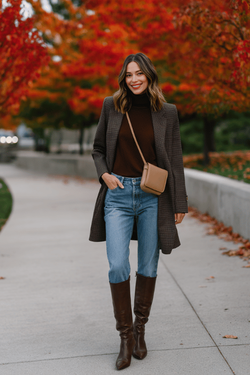 a woman wearing a rich chocolate brown mock-neck sweater tucked into straight-leg medium wash jeans, layered with a longline charcoal grey blazer
