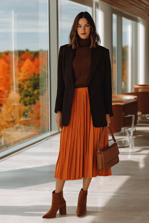 a woman wearing a rich espresso brown mock-neck sweater tucked into a high-waisted pleated skirt in warm rust-orange, layered with a fitted black blazer, finished with block-heel ankle boots 