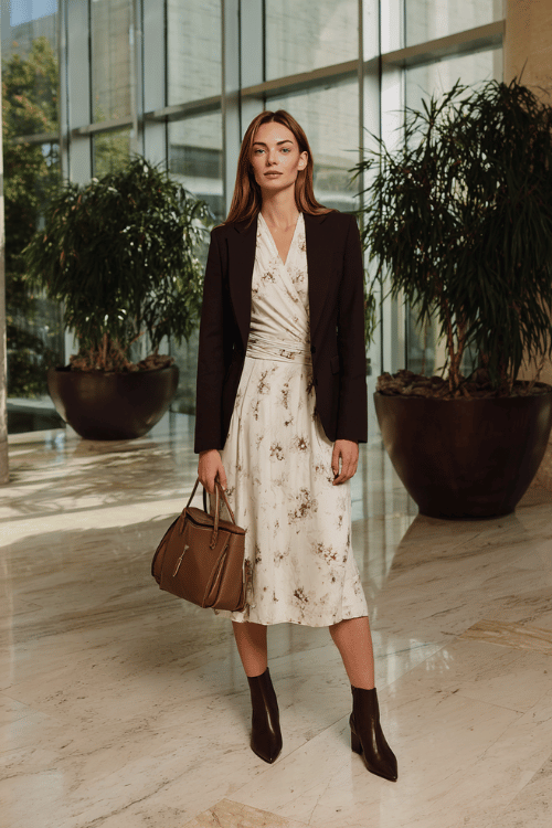 a woman wearing a soft ivory long-sleeve wrap dress with a flowing midi skirt and subtle floral print in muted autumn tones, layered with a fitted charcoal wool blazer