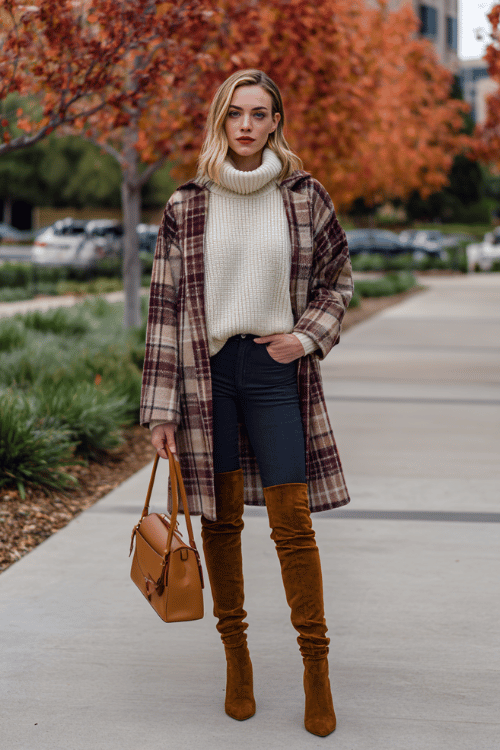 a woman wearing a soft ivory oversized turtleneck sweater tucked into high-waisted slim-fit dark navy trousers, layered with a tailored plaid coat in burgundy and tan tones 