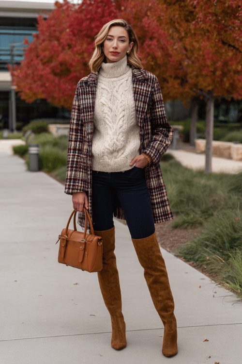 a woman wearing a soft ivory oversized turtleneck sweater tucked into high-waisted slim-fit dark navy trousers, layered with a tailored plaid coat in burgundy and tan tones