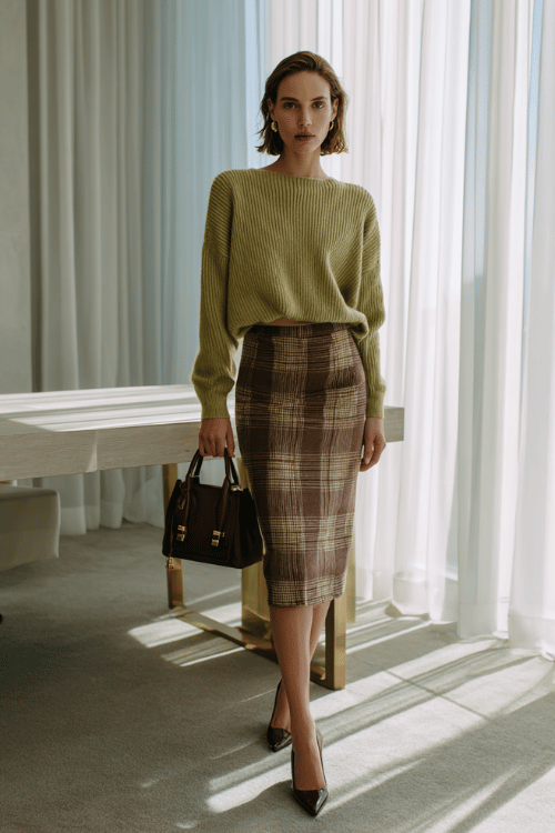 a woman wearing a soft olive green knit sweater tucked into a tailored plaid midi skirt in burgundy and tan, finished with pointed-toe kitten heels in black suede and a top-handle bag 