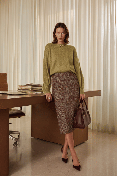 a woman wearing a soft olive green knit sweater tucked into a tailored plaid midi skirt in burgundy and tan, finished with pointed-toe kitten heels in black suede and a top-handle bag