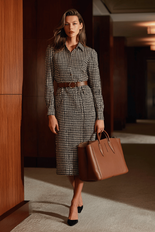 a woman wearing a sophisticated houndstooth midi dress in black and ivory with long sleeves and a belted waist, finished with pointed-toe kitten heels in black suede