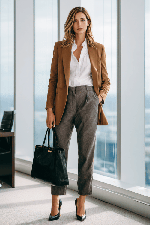 a woman wearing a tailored camel blazer over a white button-down shirt tucked into high-waisted charcoal grey trousers, finished with pointed-toe black leather pumps and a slim leather tote