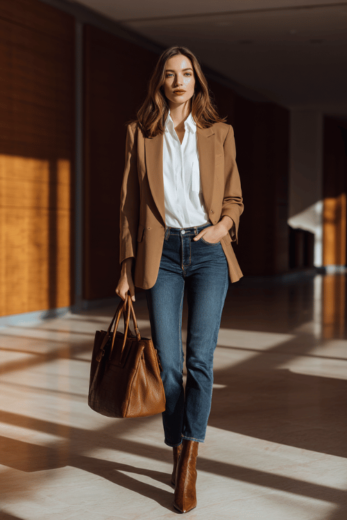 a woman wearing a tailored camel blazer over a white fitted button-down shirt, paired with straight-leg dark wash jeans and pointed-toe ankle boots in cognac leather