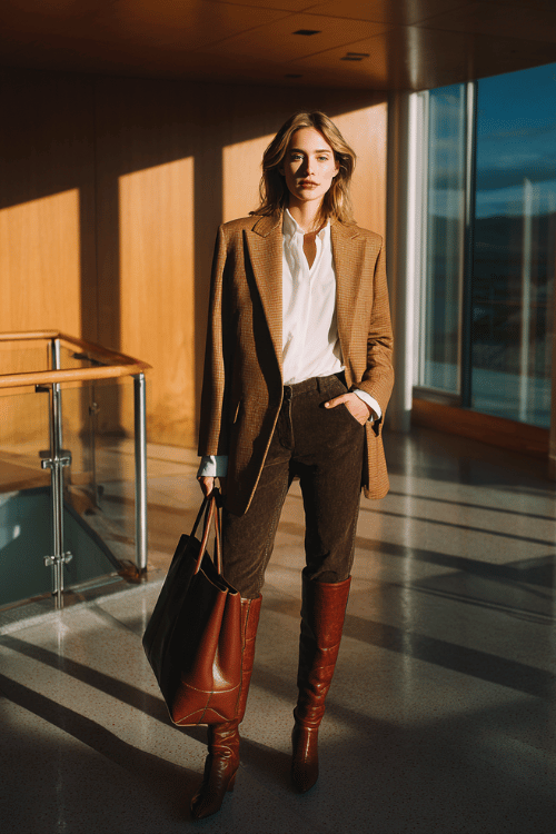a woman wearing a tailored camel blazer over a white silk blouse tucked into high-waisted straight-leg dark wash trousers, finished with knee-high boots in rich cognac leather 
