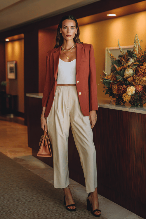a woman wearing a terracotta-toned blazer with gold button details over a white silk camisole, paired with high-waisted tailored trousers in warm beige and ankle-strap block heels in dark brown