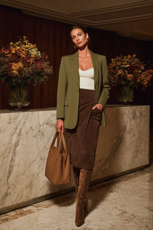 a woman wearing an olive green longline blazer over a white fitted camisole, paired with a high-waisted wrap midi skirt in deep chocolate brown, finished with knee-high boots 
