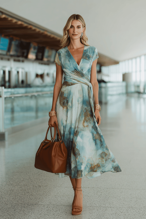 an elegant woman in a flowing wrap midi dress in soft watercolor print of muted blues and greens, paired with tan leather block heel sandals, a delicate gold bracelet stack