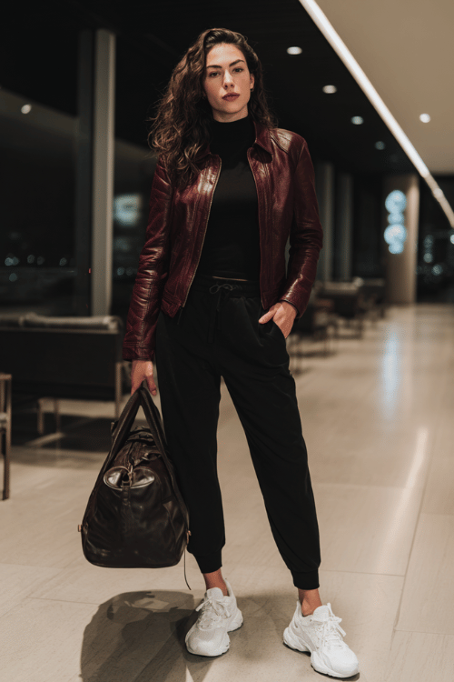a woman at an airport lounge, wearing a deep burgundy leather moto jacket, black fitted mock-neck top, slim dark jogger trousers, and white chunky sneakers