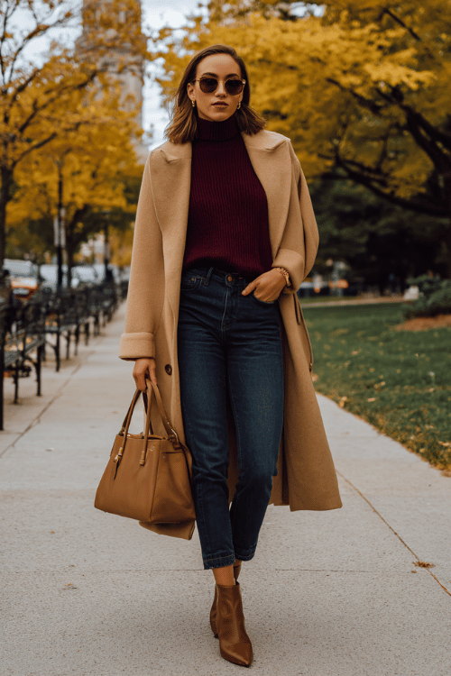 f a woman in a rich burgundy turtleneck sweater tucked into high-waisted slim-fit dark indigo jeans, layered with a longline camel overcoat, wearing pointed-toe ankle boots