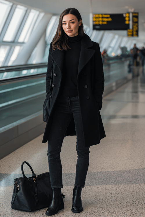 woman at a modern airport terminal, wearing a sleek black wool peacoat, black fitted turtleneck, straight-leg dark jeans, and black leather Chelsea boots