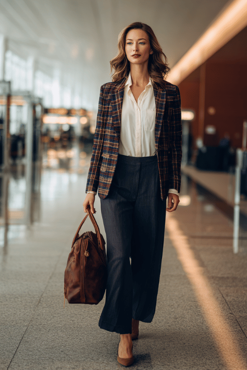 woman dressed in a classic plaid wool blazer in warm burgundy and navy tones over a fitted ivory silk blouse and tailored wide-leg trousers in deep charcoal 
