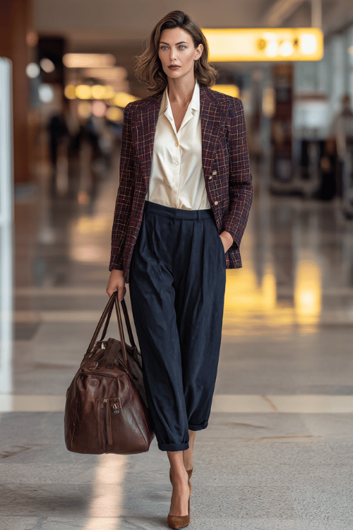 woman dressed in a classic plaid wool blazer in warm burgundy and navy tones over a fitted ivory silk blouse and tailored wide-leg trousers in deep charcoal