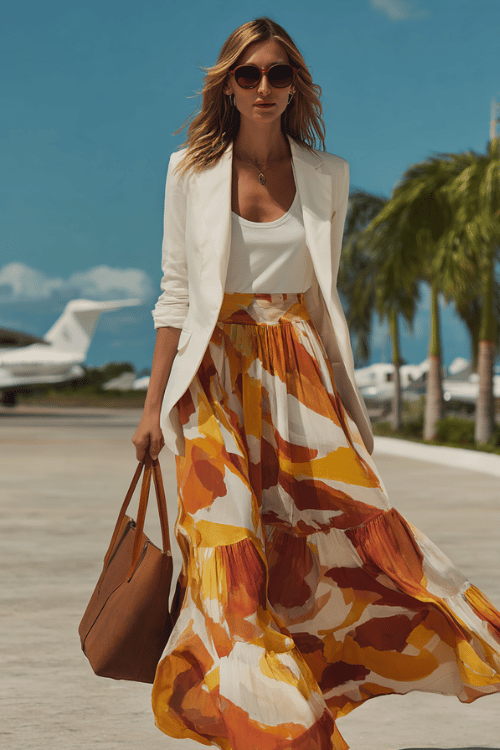 woman dressed in a flowing tiered maxi skirt in vivid abstract print of warm ochre, burnt sienna and ivory tones paired with a crisp fitted white linen blazer