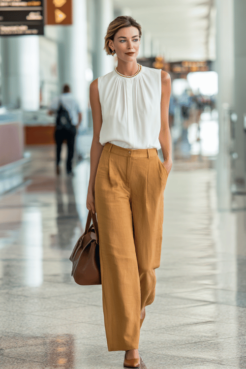 woman dressed in a flowy sleeveless blouse in soft ivory with delicate pintuck details tucked into tailored wide-leg trousers in warm caramel linen, with flat leather pointed-toe mules