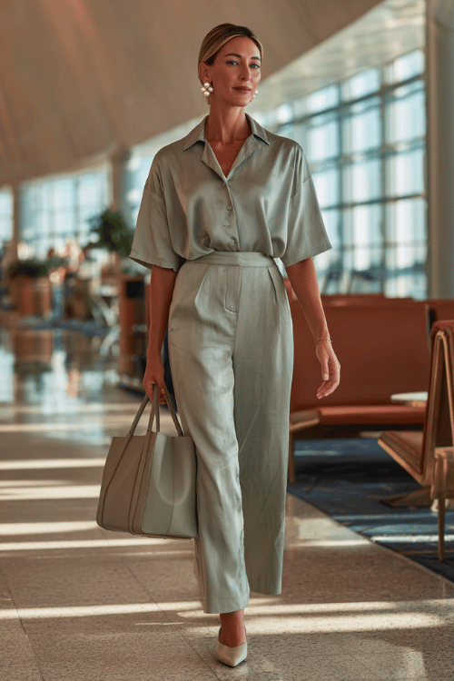 woman dressed in a lightweight silk blend co-ord set in soft sage a relaxed short-sleeve blouse and wide-leg trousers with subtle palazzo silhouette with nuetral pointed-toe flat mules 
