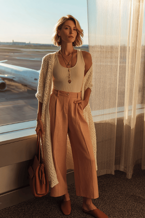 woman dressed in a richly textured summer look a relaxed open-front longline cardigan in lightweight ivory crochet knit over a fitted sleeveless silk top in warm peach 