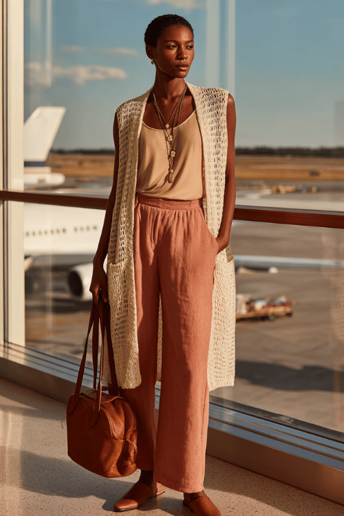 woman dressed in a richly textured summer look a relaxed open-front longline cardigan in lightweight ivory crochet knit over a fitted sleeveless silk top in warm peach