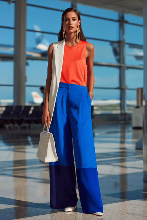 woman dressed in a stunning color-blocked summer look a structured sleeveless top in vivid coral paired with wide-leg trousers in rich cobalt blue and a longline open blazer