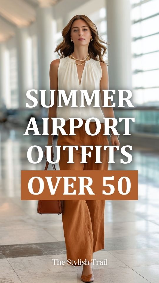 woman dressed in a summer airport outfit with a flowy sleeveless blouse in soft ivory with delicate pintuck details tucked into tailored wide-leg trousers in warm caramel linen