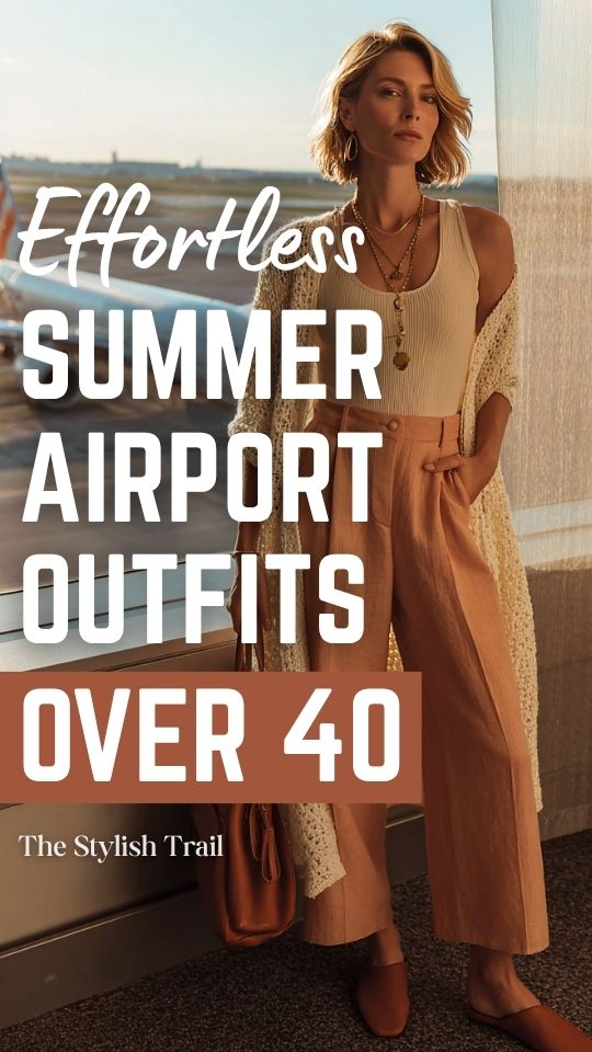 woman dressed in a summer airport outfit with a relaxed open-front longline cardigan in lightweight ivory crochet knit over a fitted sleeveless silk top in warm peach