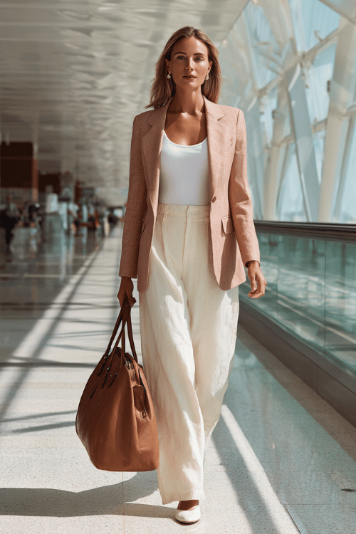 woman dressed in a tailored linen blazer in soft blush pink over a fitted white sleeveless shell top and wide-leg cream linen trousers, with white leather flat loafers