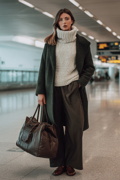 woman in a cozy yet polished winter outfit a chunky knit oversized turtleneck sweater in warm cream layered under a tailored wool coat in deep forest green with wide-leg dark trousers 