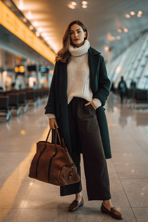 woman in a cozy yet polished winter outfit a chunky knit oversized turtleneck sweater in warm cream layered under a tailored wool coat in deep forest green with wide-leg dark trousers