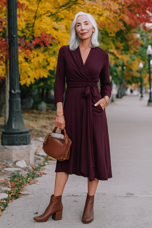 woman in a deep burgundy long-sleeve wrap midi dress with a graceful cinched waist and flowing skirt, paired with comfortable block-heel ankle boots