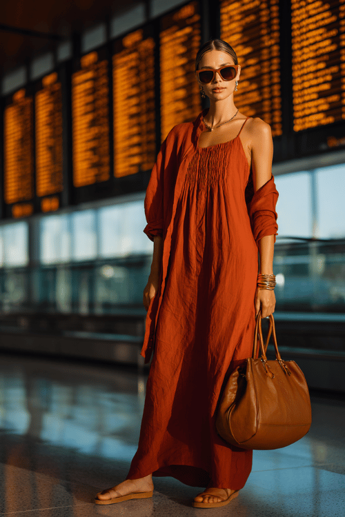 woman in a head-turning summer monochrome look a fluid sleeveless maxi dress in warm terracotta with subtle ruching details layered under a matching oversized longline linen shirt 