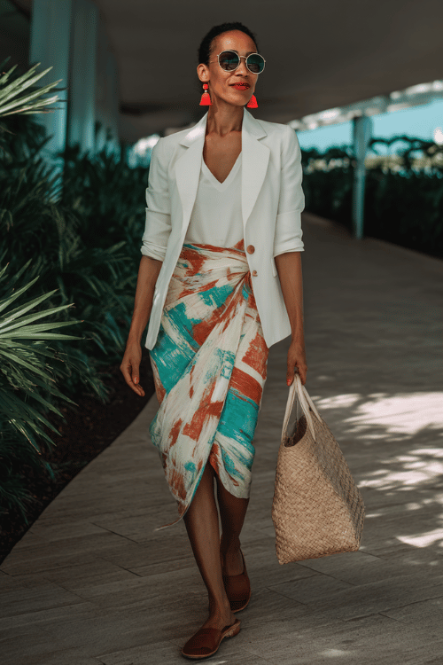woman in a playful yet refined summer look a vibrantly printed wrap skirt in abstract brushstroke patterns of coral, teal and ivory paired with a crisp white fitted short-sleeve linen blazer