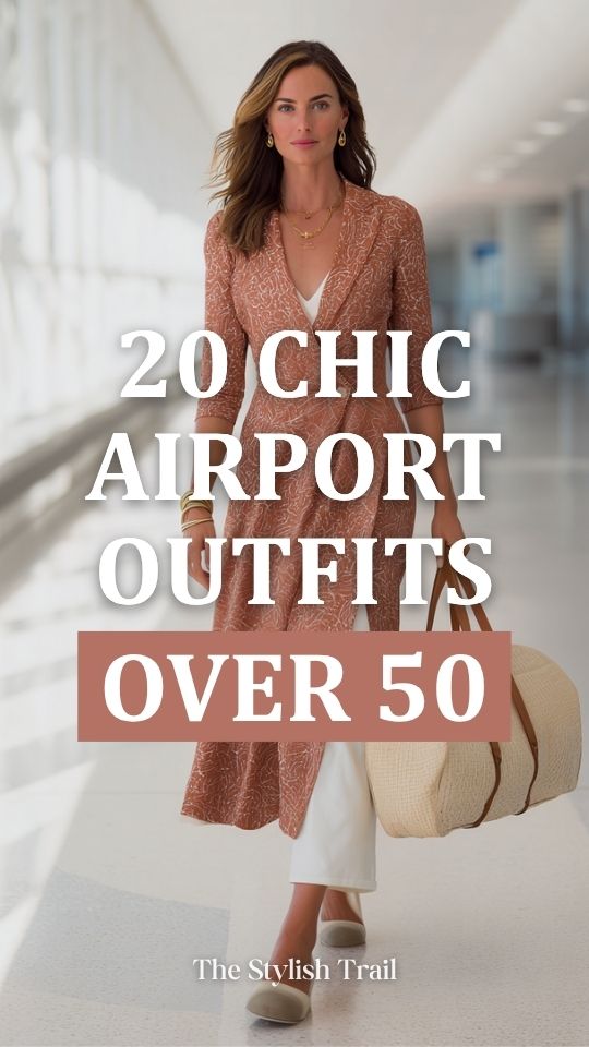 woman over 50 in an airport outfit with a wrap dress in rich terracotta, paired with tan leather wedge sandals