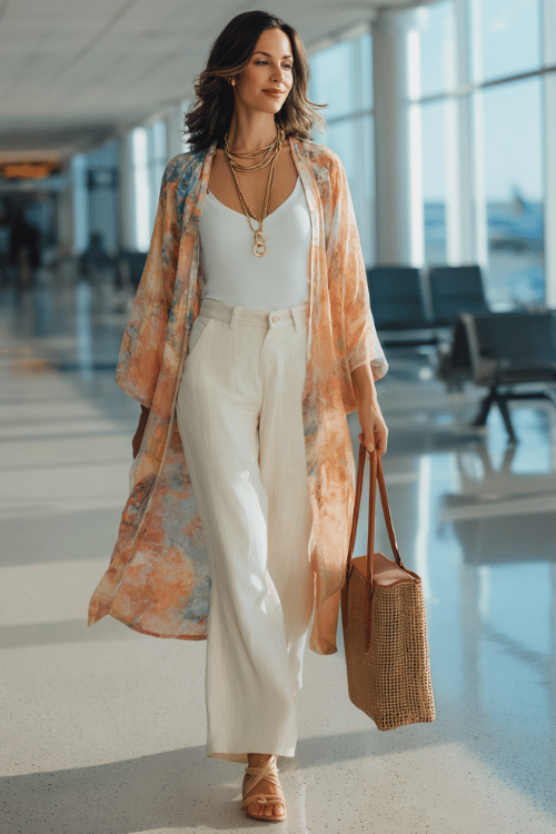 woman wearing a breezy open-front kimono cardigan in soft watercolor floral print over a fitted white sleeveless top and tailored wide-leg trousers in warm ivory linen 