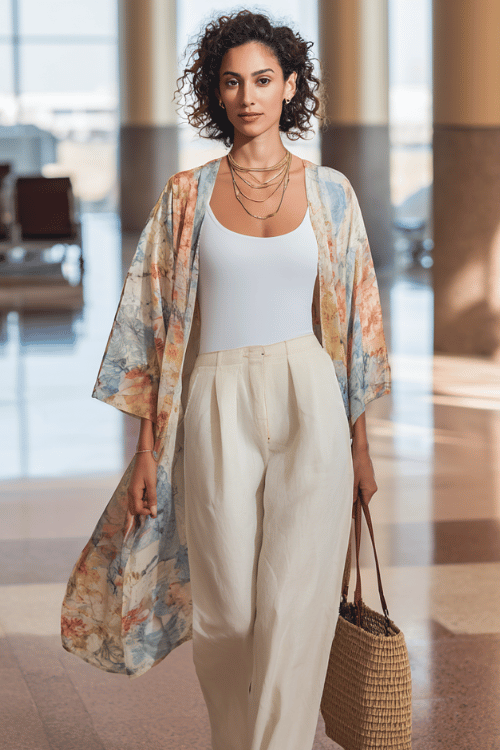 woman wearing a breezy open-front kimono cardigan in soft watercolor floral print over a fitted white sleeveless top and tailored wide-leg trousers in warm ivory linen