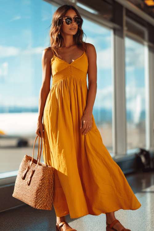 woman wearing a breezy sleeveless maxi dress in warm mustard yellow with subtle smocking details at the waist and a flowing skirt, paired with flat tan leather strappy sandals