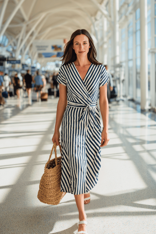 woman wearing a classic striped midi wrap dress in navy and white with short sleeves and a flattering belted waist, paired with white leather block heel sandals