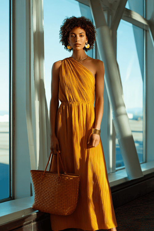 woman wearing a dramatic one-shoulder maxi dress in rich saffron yellow with subtle pleating and a flowing silhouette, paired with gold leather flat sandals