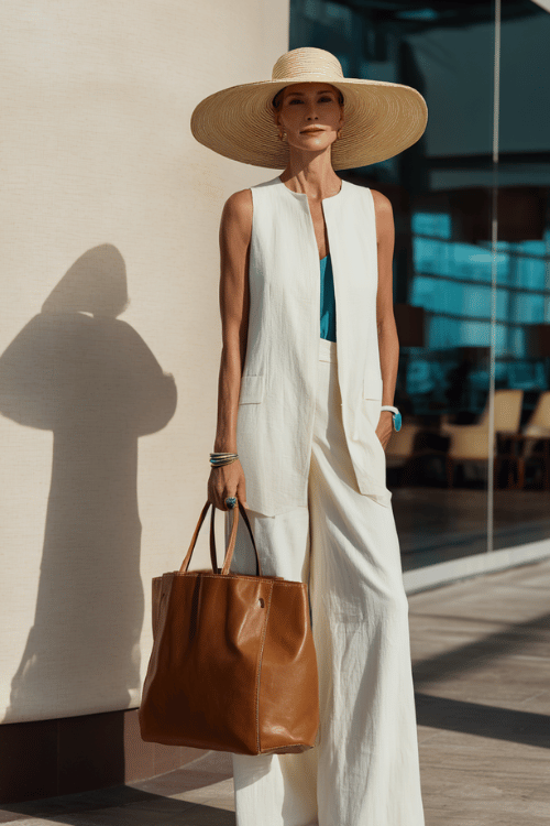 woman wearing a dramatic wide-brim woven hat paired with a relaxed yet tailored matching set in soft ivory a sleeveless longline vest top and wide-leg trousers in lightweight linen 