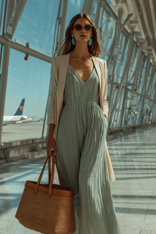woman wearing a dramatically pleated wide-leg jumpsuit in soft sage green with a sleeveless V-neckline and elegant flowing silhouette, layered with a relaxed structured linen blazer