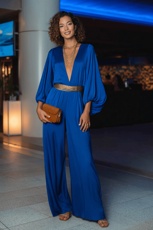 woman wearing a fluid wide-leg palazzo jumpsuit in rich cobalt blue with a deep V-neckline and dramatic billowing sleeves, cinched with a thin gold leather belt 