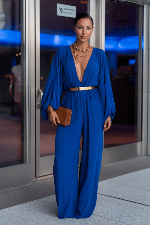woman wearing a fluid wide-leg palazzo jumpsuit in rich cobalt blue with a deep V-neckline and dramatic billowing sleeves, cinched with a thin gold leather belt