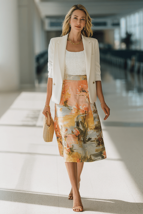 woman wearing a hand-painted floral silk midi skirt in vivid watercolor tones of peach, sage and gold paired with a fitted white broderie anglaise short-sleeve top