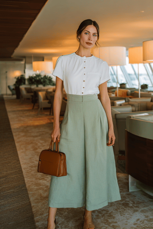 woman wearing a lightweight A-line midi skirt in soft sage green linen paired with a fitted white short-sleeve linen blouse with subtle eyelet trim, tan leather block heel sandals 