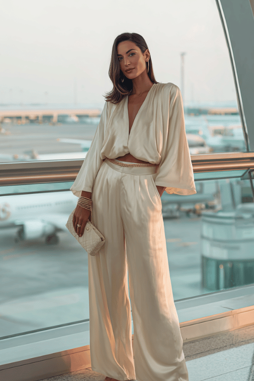 woman wearing a luxurious lightweight silk co-ord set in soft champagne gold a relaxed wide-sleeve blouse with subtle draped details and matching wide-leg trousers
