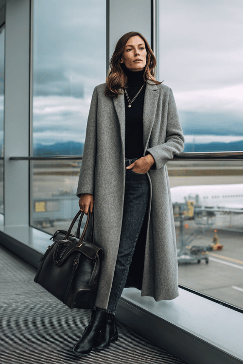 woman wearing a luxurious longline cashmere coat in soft dove grey over a fitted black ribbed turtleneck and slim-fit dark wash straight-leg jeans, with black leather Chelsea boots