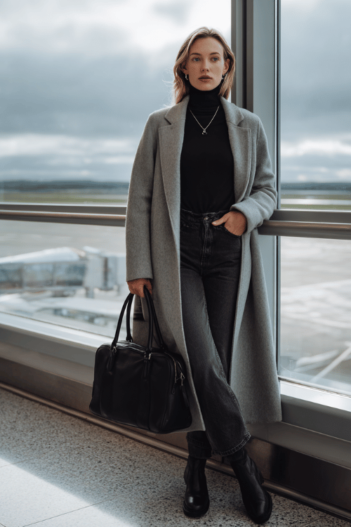 woman wearing a luxurious longline cashmere coat in soft dove grey over a fitted black ribbed turtleneck and slim-fit dark wash straight-leg jeans