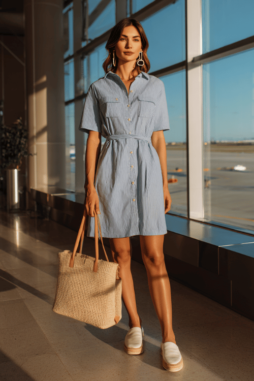 woman wearing a relaxed short-sleeve shirt dress in soft chambray blue with a subtle belted waist and knee-length hem, paired with white leather espadrille wedges 