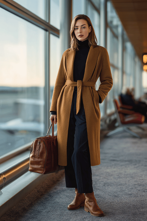 woman wearing a rich camel wool wrap coat belted at the waist over a fitted black turtleneck and tailored straight-leg dark trousers, with brown leather ankle boots